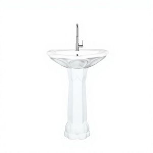 Élégant lavabo en céramique sur piétement 570x470x840mm, bac à linge en porcelaine pour salle de bain, idéal pour usage domestique. - Product Image 4