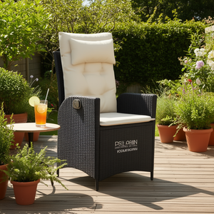 Chaise de patio inclinable en polyrotin avec coussins, ensemble de meubles d'extérieur, design moderne, noir et crème - Product Image 2