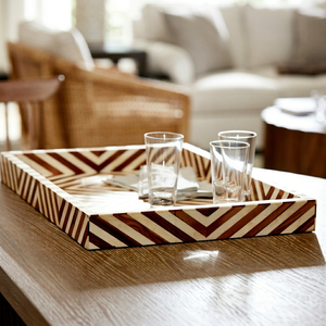 Plateau décoratif de luxe fait main en os incrusté, motif géométrique en mosaïque, pour bougies, livres, accessoires et décoration intérieure - Product Image 1