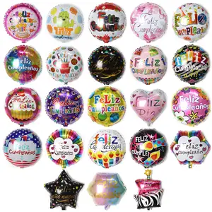 Ballon espagnol en aluminium imprimé joyeux anniversaire de 18 pouces, ballons Feliz cupleanos pour décoration de fête d'anniversaire Globos, vente en gros