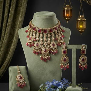 Traditional Imitation Antique Gold Style Kundan Choker Necklace <b>Set</b> with Emerald Cut Gemstones Earrings Tikka for Women Wedding - Product Image 3