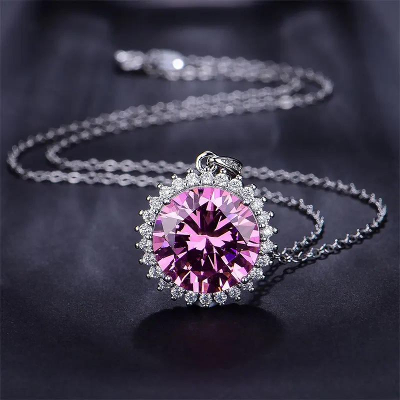 CAOSHI-collar con colgante redondo de circonia cúbica rosa para mujer, joyería de lujo con diamantes de imitación, collar de cristal plateado 925