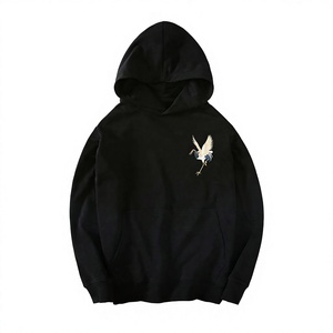 Sudadera con Capucha Negra para Hombre con Diseño de Grulla Bordado a Mano, Corte Regular, Algodón French Terry, Ropa Casual de Otoño - Product Image 2