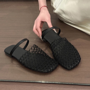 New Summer Women's European American-Style Fishnet-Weave Openwork Roman Sandals Flat Round-Toe Wrap-Around <b>Half</b>-<b>Slip</b>-On - Product Image 6