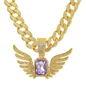 Cadena cubana de hip hop de 15mm con aleación y diamantes de imitación, collar con colgante de alas de Ángel con piedras preciosas moradas