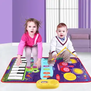 Tapis musical 3 en 1 pour les tout-petits Tapis de piano et de batterie avec 2 bâtons Jouets éducatifs précoces Couverture de jeu tactile pour animaux