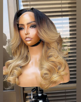Perruque Body Wave en Cheveux Humains Ombrés Blond Miel avec Racines Foncées, Sans Colle, Dentelle HD Transparente, 100% Cheveux Humains Colorés