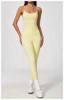 Ensemble de sport décontracté 2 pièces pour femme, jaune citron rayé, sans manches, col sans bretelles, leggings taille haute, polyester respirant