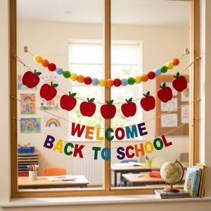 Bandera de Bienvenida de Fieltro con Bola de Pelo de Manzana, Set de Banderas para Decoración de Aula, Fondo para Fotos, Temporada de Regreso a Clases - Product Image 1