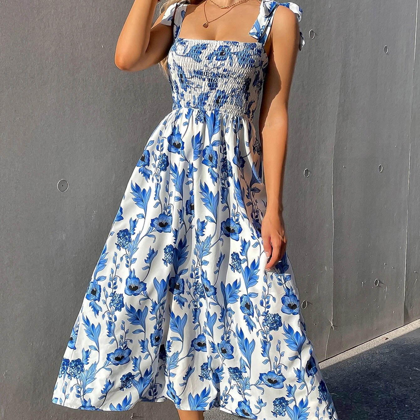 Vintage Floral-Print Crepe Midi Dress For Women Floral Print Knot Straps Shirred Bodice Cami Dress