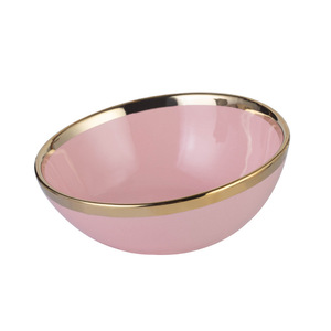 Bol en céramique personnalisé pour animaux de compagnie, design incliné, antidérapant, pour l'alimentation et l'eau des chats et des chiens, forme arrondie, rose, vert, bordure dorée - Product Image 2