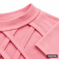Haut Halter Rose Respirant en Maille pour Femme, Col Montant Sans Manches, Découpes Croisées, Côtelé, Coupe Ajustée, Été, Personnalisable OEM