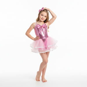 Traje de Danza Jazz Metálico Rosa para Niñas, Falda de Tul en Capas con Lazo para el Cabello a Juego, para Actuaciones de Ballet y Danza Escénica - Product Image 1