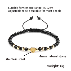 4毫米宝石珠不锈钢心形魅力可调节女性手链 - Product Image 3