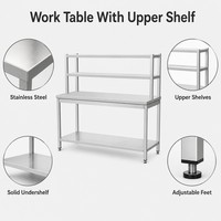 Table de travail multi-niveaux en acier inoxydable avec étagère supérieure, plan de travail central, étagère inférieure et pieds réglables
