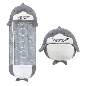 Saco de dormir de tiburón de dibujos animados para niños y niñas, almohada de felpa, saco de dormir suave y cálido
