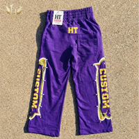Pantalon de jogging HUITENG personnalisé à taille haute, imprimé avec logo, garniture à rivets perlés, coupe droite, double poches arrière, effet délavé et usé