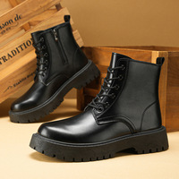 Dropshipping Chaussures d'ascenseur invisibles pour hommes-Bottes de travail à lacets en cuir noir à bout rond-4 pouces de plus