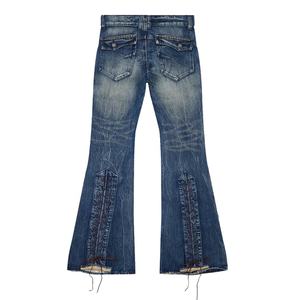 Fabricant de vêtements sur mesure, jeans bleus à lacets pour hommes, jeans déchirés, réparés, effet usé, coupe bootcut - Product Image 5