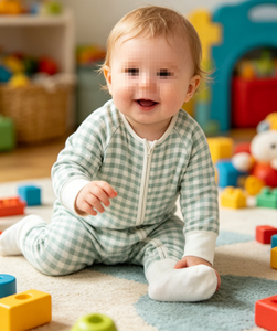 Turkuaz Kareli Baskılı Desenli Ön Logolu Örme YKK Fermuarlı Bebek Pijama Takımı Tulum Gecelik Özelleştirilmiş Hizmet ile - Product Image 5