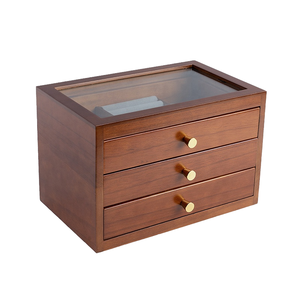 Boîte à bijoux rectangulaire en bois avec couvercle en verre - Organisateur de bijoux durable à 3 niveaux, 3 tiroirs, finition polie pour les cadeaux de Noël et d'Halloween - Product Image 1