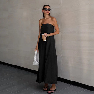 Robe longue sans bretelles en lin pour femme, dos nu, taille haute, fluide, pour les vacances et la plage, été 2026 - Product Image 2