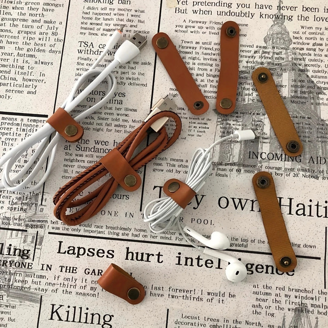 Polyurethane Rectangular Data Cable Tie Cord Organizer Earphone Winder Anti-Knot Buckle Handmade Rivet Button China