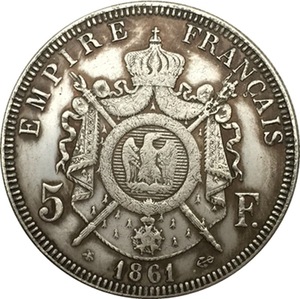 Pièce commémorative de 1861-1867, ancienne pièce de monnaie française en argent plaqué or pur, 5 francs, artisanat - Product Image 5