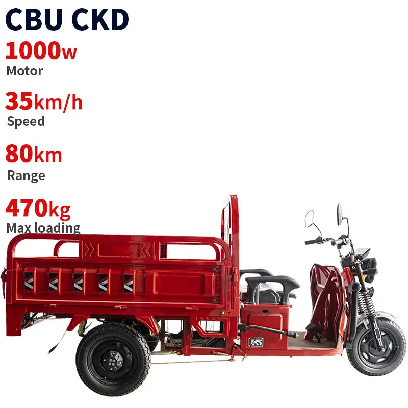 CKD 1000W motor 120series 35km/h max speed 80km range 470kg max load cargo 1000w cheap open electric tricycle with 1.5*1m cabin