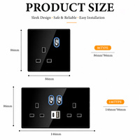 Prise murale industrielle en verre trempé standard britannique 220V avec ports USB-A USB-C, interrupteur à bascule noir avec voyant LED, panneau IP20