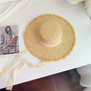Raffia Straw Hat Large Brim Woven Sun Hat Summer Flat Top Flutter Tie Seaside Vacation Sun Hat - Product Image 2