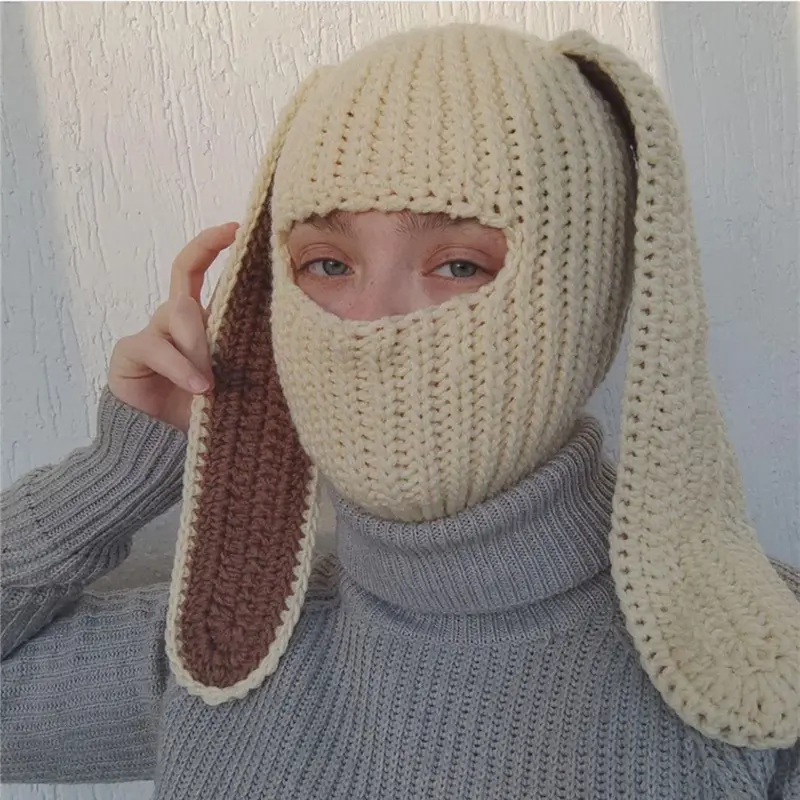 Balaclava de orelha de coelho de crochê engraçada para máscara de esqui Balaclava orelhas de coelho longas confortável respirável chapéu cosplay fofo