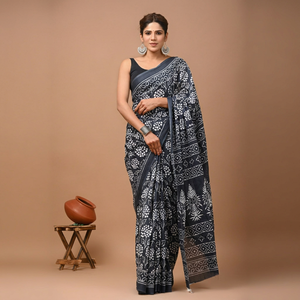 Sari en coton Mulmul imprimé avec blouse assortie – Léger et élégant, sari en coton Mulmul doux – Confortable pour un usage quotidien - Product Image 1