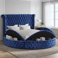 Lit rond Willsoon sur mesure, capitonné en velours, taille King, avec tête de lit en tissu à volants, cadre de lit en bois doux avec rangement