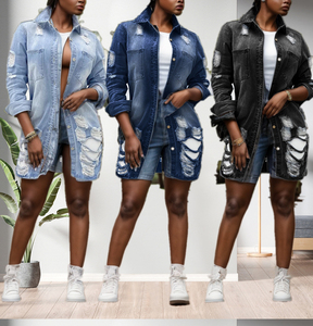 Abrigos Largos de Mezclilla con Diseño Desgarrado y Bolsillos para Mujer, a la Moda - Product Image 5