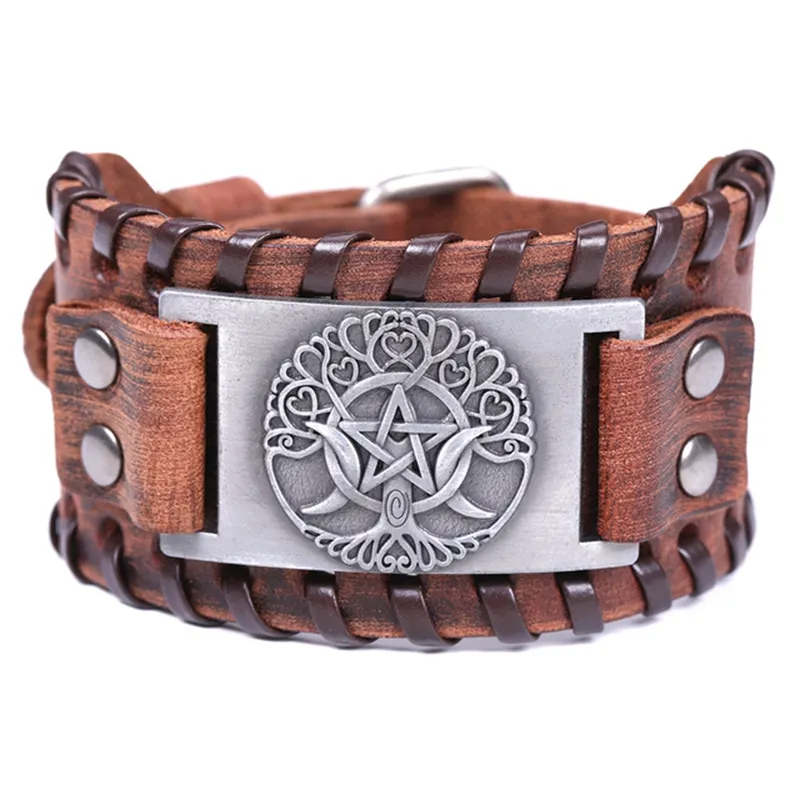 Moon Star Bruin Lederen Armband Wicca Boom Van Het Leven Patroon Armbanden Vintage Sieraden Voor Mannen Amulet Charmes