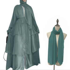 Elegante Kimono in Chiffon Dubai Turkey Oman a 3 strati tinta unita abbigliamento islamico aperto da donna-abiti musulmani Abaya - Product Image 5