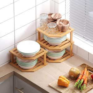 3 אריזה מדף פינה במבוק, 2 מארגן צלחת שכבה עבור ארון ומנגד, צלחת במזווה עץ מתלה תבלינים למטבח - Product Image 2