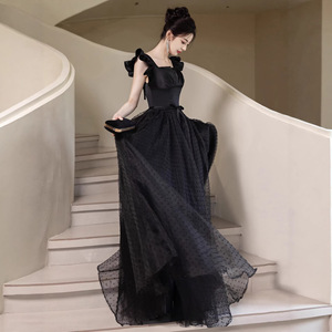 Black Ball Gown Square Collar Empire Waist Tulle Skirt Ruffles Elegant Evening Dress For Art Exam Coming Of Age Ceremony - Product Image 3