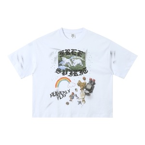 เสื้อยืดสตรีทแวร์สีขาวทรงหลวมพิมพ์ลายหมีและดีไซน์สีรุ้งคอกลมแขนสั้นเสื้อยืดผ้าฝ้ายสำหรับทั้งชายและหญิง - Product Image 1