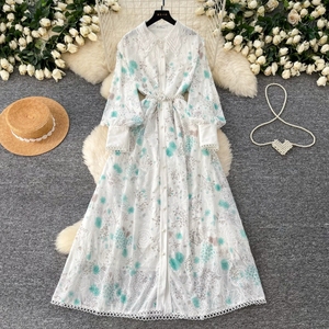 Abito da Donna Floreale Francese Elegante a Vita Alta con Maniche Lunghe - Vestito Casual Chic da Donna - Product Image 1