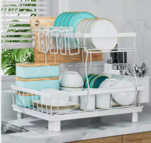 Égouttoir à vaisselle 2 niveaux en acier inoxydable noir, support de rangement de cuisine antirouille - Product Image 2