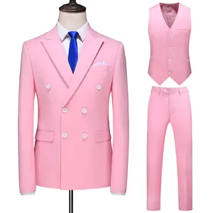 批发男士大套装三件套奢华商务粉色双排扣套装男士