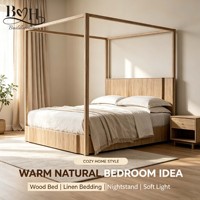 Lit King/Queen silencieux en chêne massif avec tête de lit en chêne blanc brossé, idéal pour villa, gîte, hôtel, salon