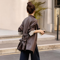 Veste longue marron de qualité supérieure pour femme en similicuir PU, manteau personnalisé pour l'automne, streetwear