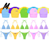 Eigen Merk Op Maat Gemaakte Bikini Badmode Strandkleding Hoge Kwaliteit Dubbellaags Zwemkleding Dames String Bikini Pak Tshirt 3 Delige Set
