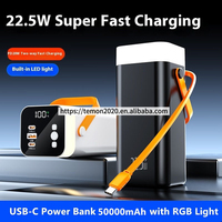 Premium RGB Light PD 22.5w Power Bank à charge rapide 50000mah avec câble rétractable de type C éclairage coloré