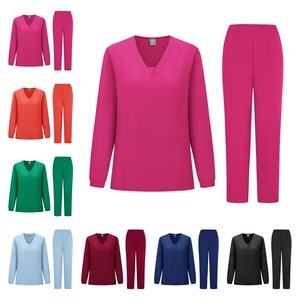 V-neck Long Sleeve <b>Scrub</b> <b>Set</b> For Women Hospital Uniforms Polyester Knitted Split <b>Set</b> - Product Image 4