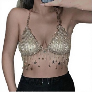 New Style Trendy Sexy Gold Plated Rhinestone Inlaid Sequin Pentagram Halter Tassel Body <b>Chain</b> Small Camisole Set for Anniversary - Product Image 2