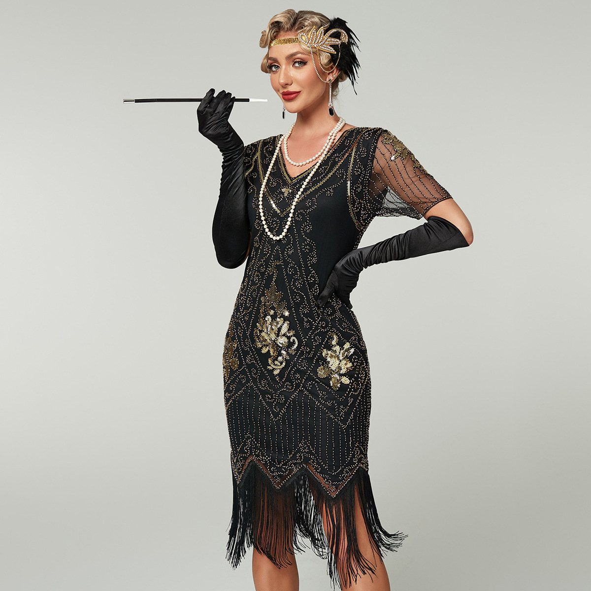 great gatsby lace dress 332 Great Gatsby Lace Neck Flapper Dress - 1920s Dress for Women With  Sleeve